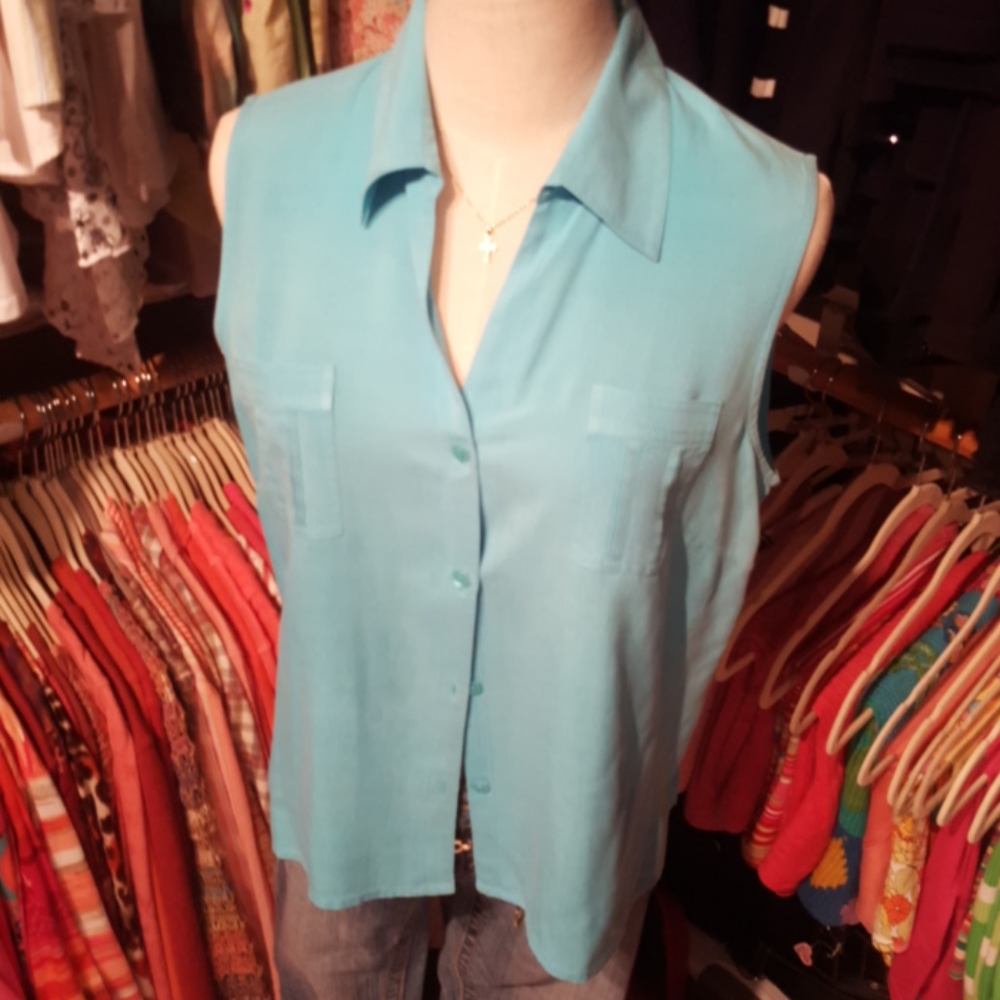 BAY STUDIO ♡ Gorgeous Vintage Silk Aqua Button Down Sleeveless Blouse S/MP